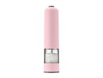 Pink electric salt or pepper grinder with a clear chamber filled with coarse salt.