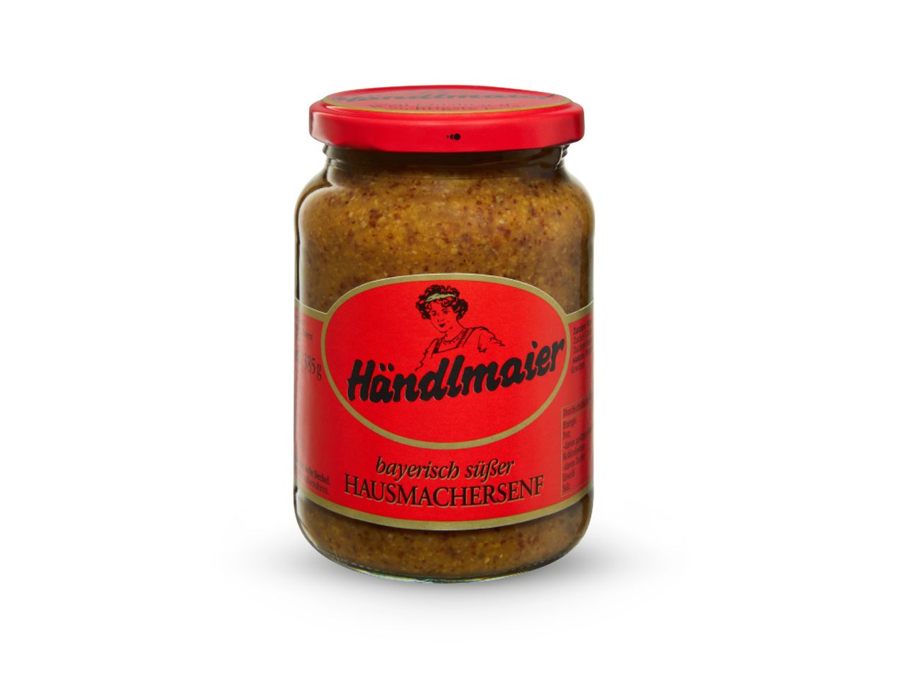Staklenka Händlmaier bavarskog slatkog senfa na bijeloj pozadini.