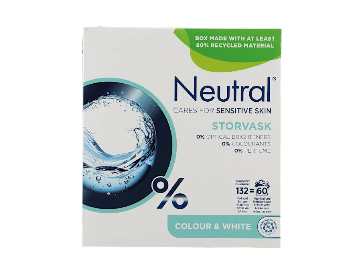 Vaskepulver til farvet og hvidt tøj, der er skånsomt mod følsom hud, med 0% optiske blegemidler, farvestoffer og parfume.