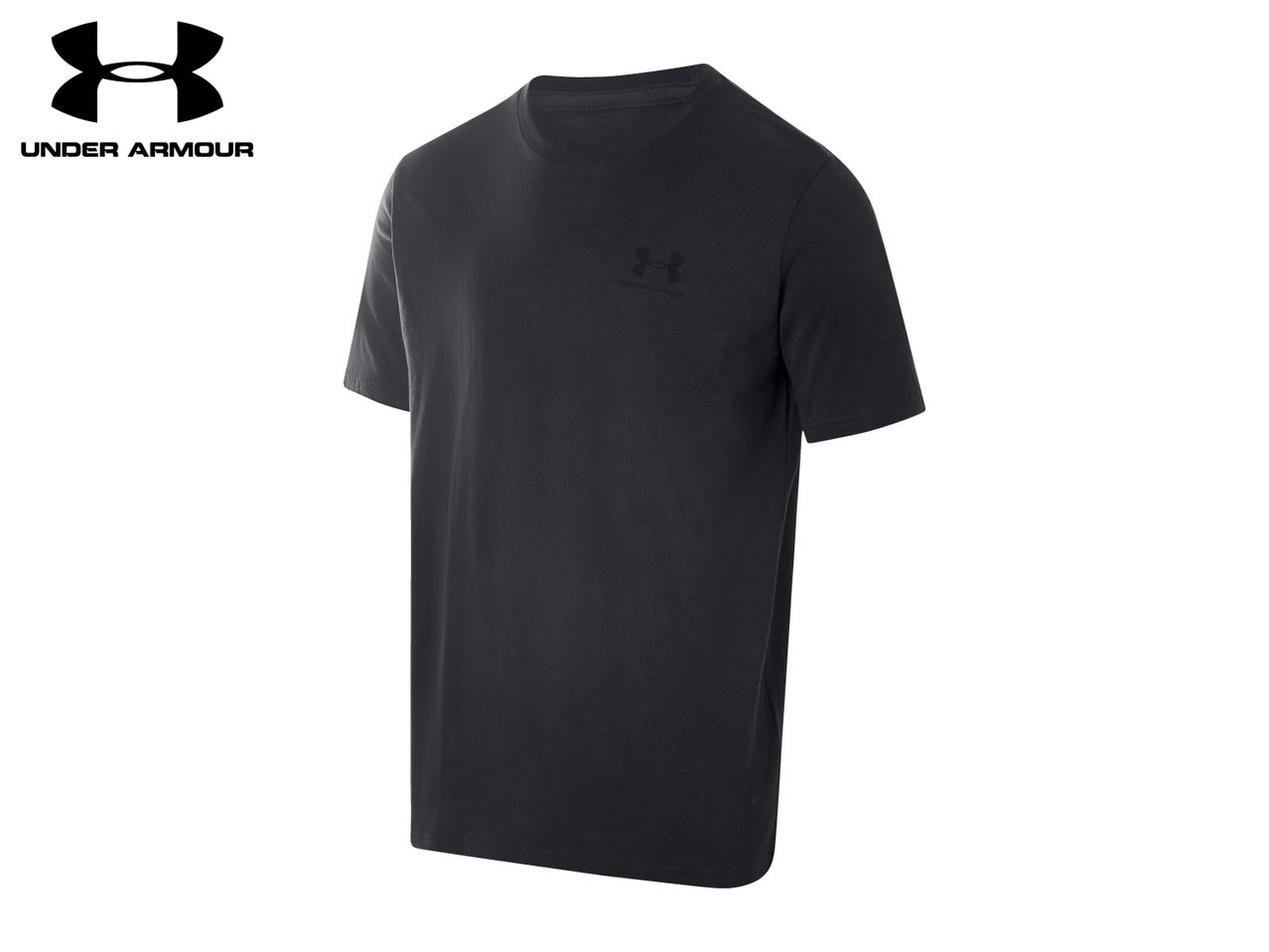 Black short-sleeved crew neck t-shirt with a subtle logo on the chest.