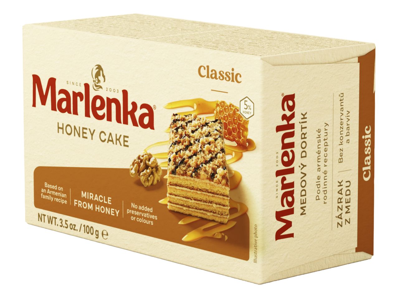 Škatla medene torte Marlenka s sliko torte, medu in orehov.