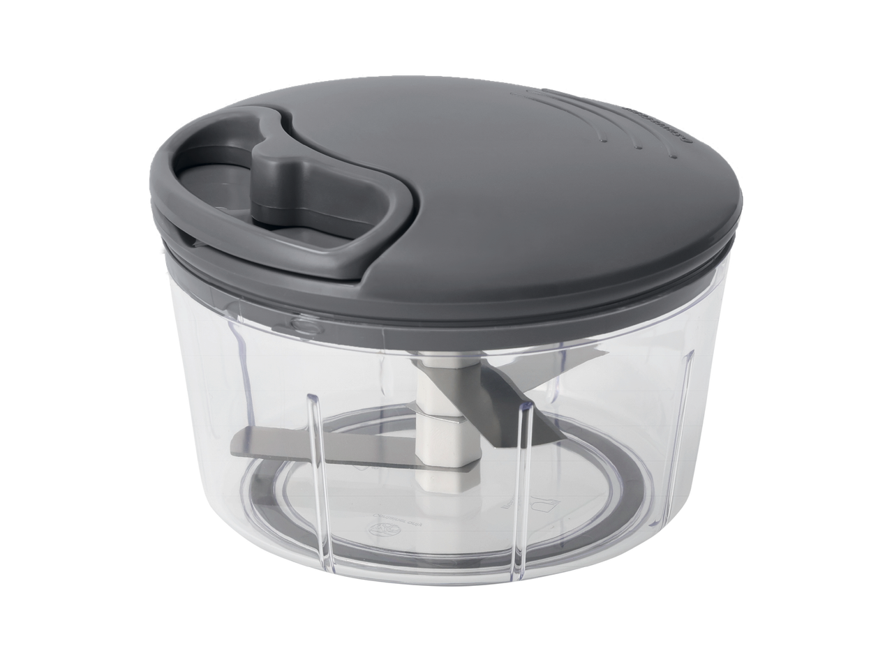 Ръчен чопър с прозрачна купа и сив капак.