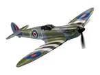A detailed model of a vintage military aircraft, a Spitfire, with camouflage paint and spinning propeller.