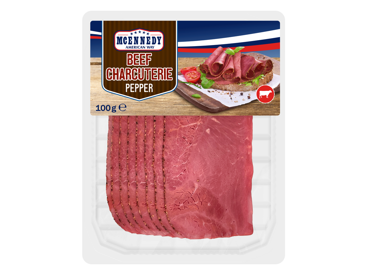 Paquet de pastrami de bœuf McEnnedy au poivre, 100g, avec une image de sandwich.