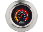 Un termometru rotund pentru grătar cu un cadran în stil fibră de carbon, afișând temperaturile în Fahrenheit și Celsius.