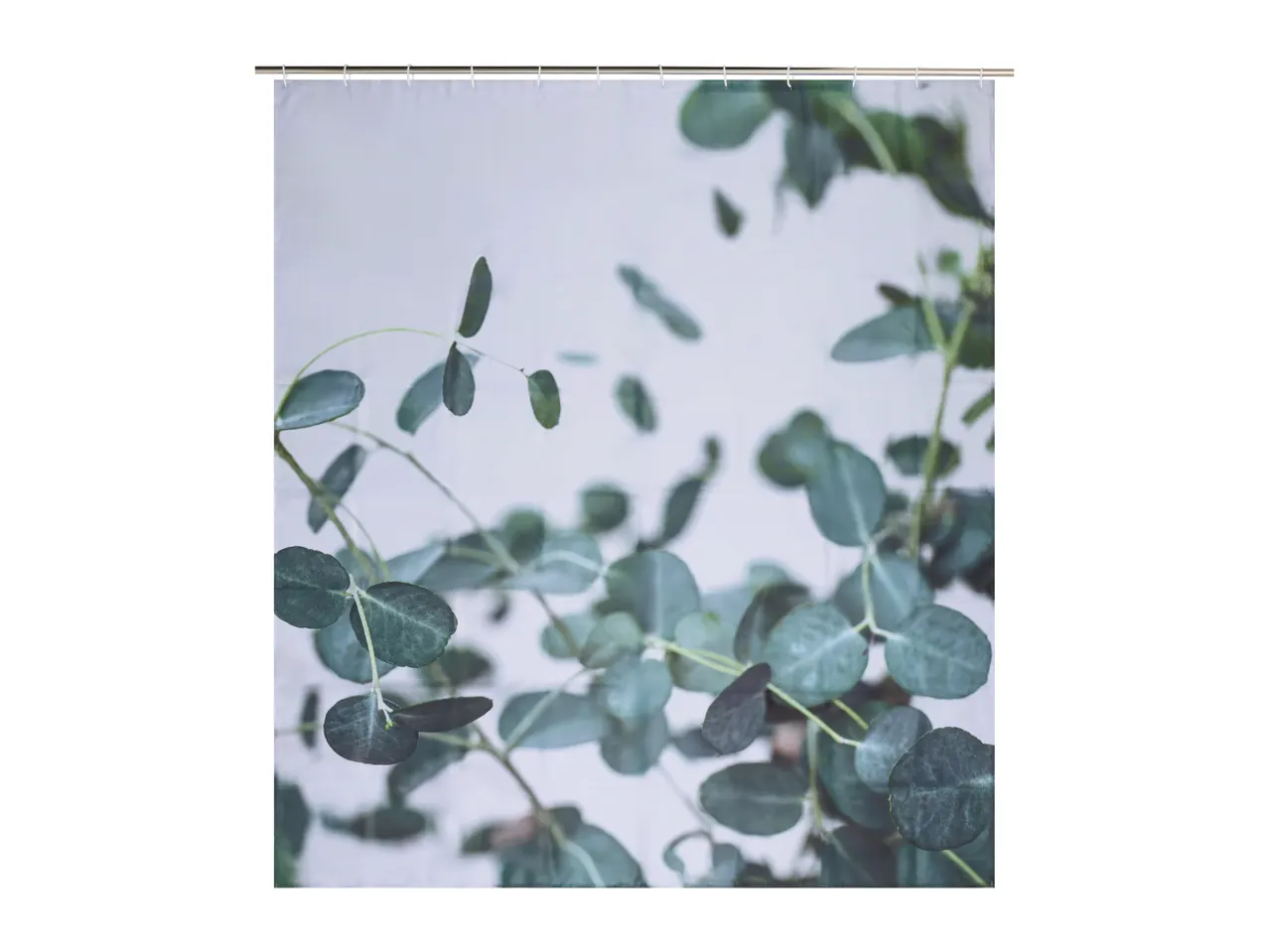 Shower curtain with a pattern of green eucalyptus leaves on a light background.