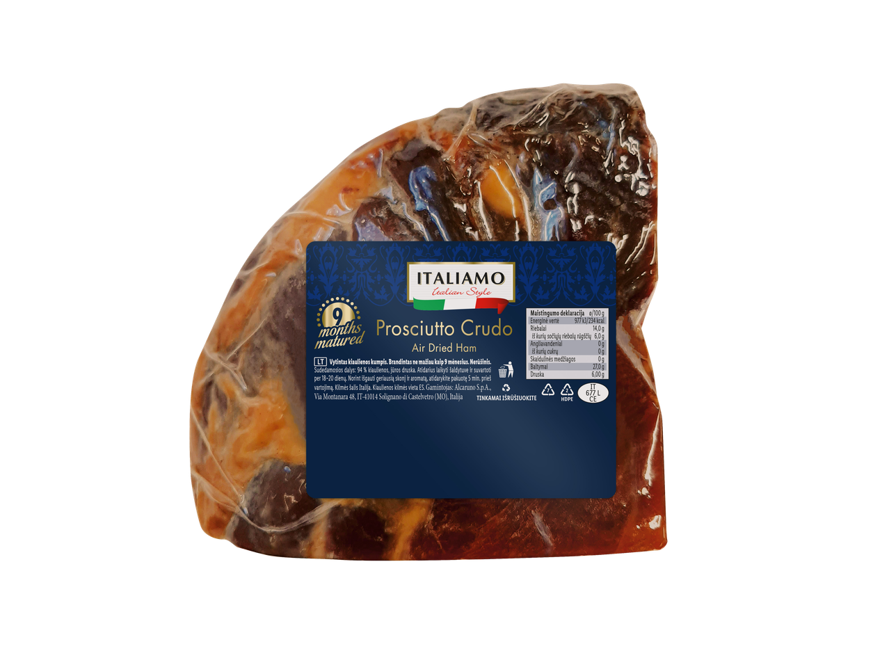 ITALIAMO Prosciutto Crudo – 9 mėnesius brandintas oro džiovintas kumpis.