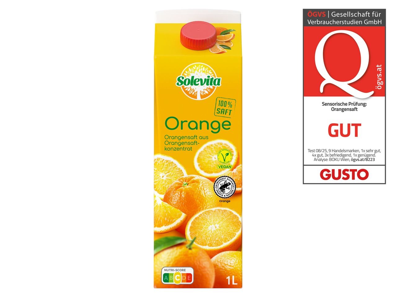 Solevita Orangensaft aus Konzentrat mit Nutri-Score und ÖGVS-Prüfsiegel.