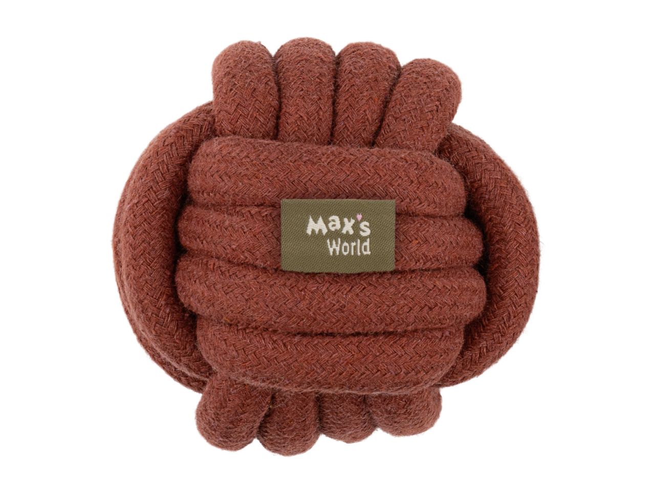 Brown rope ball dog toy with a green fabric label.