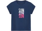 Navy blue t-shirt with 'SUN' printed in white, purple, and pink gradient.