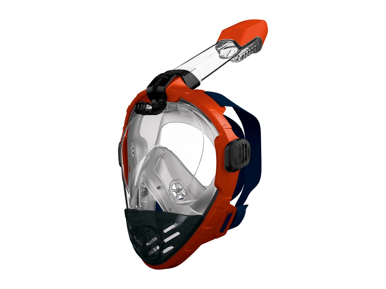 Orange and black full-face snorkeling mask with a clear visor and snorkel