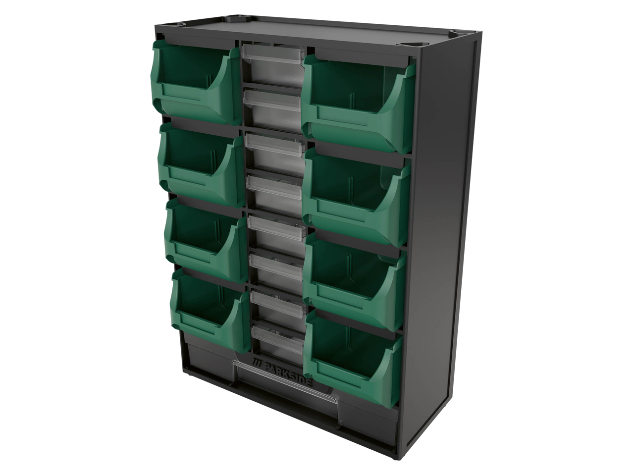 A black storage rack with green bins and clear drawers for organizing small parts.