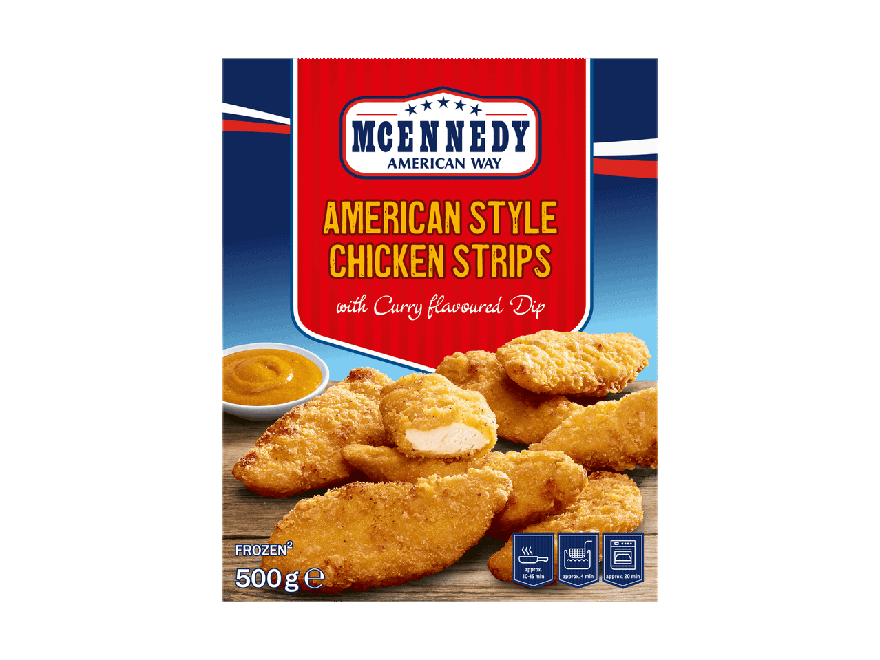 Lanières de poulet surgelées à l'américaine avec sauce au curry, 500g.