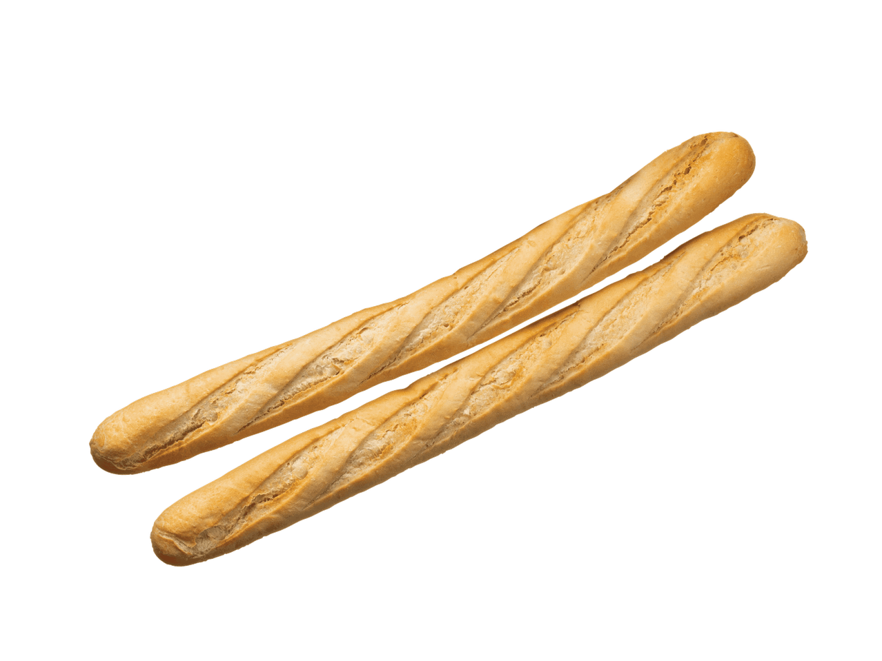 Dvi auksinės, traškios bagetės ant juodo fono.