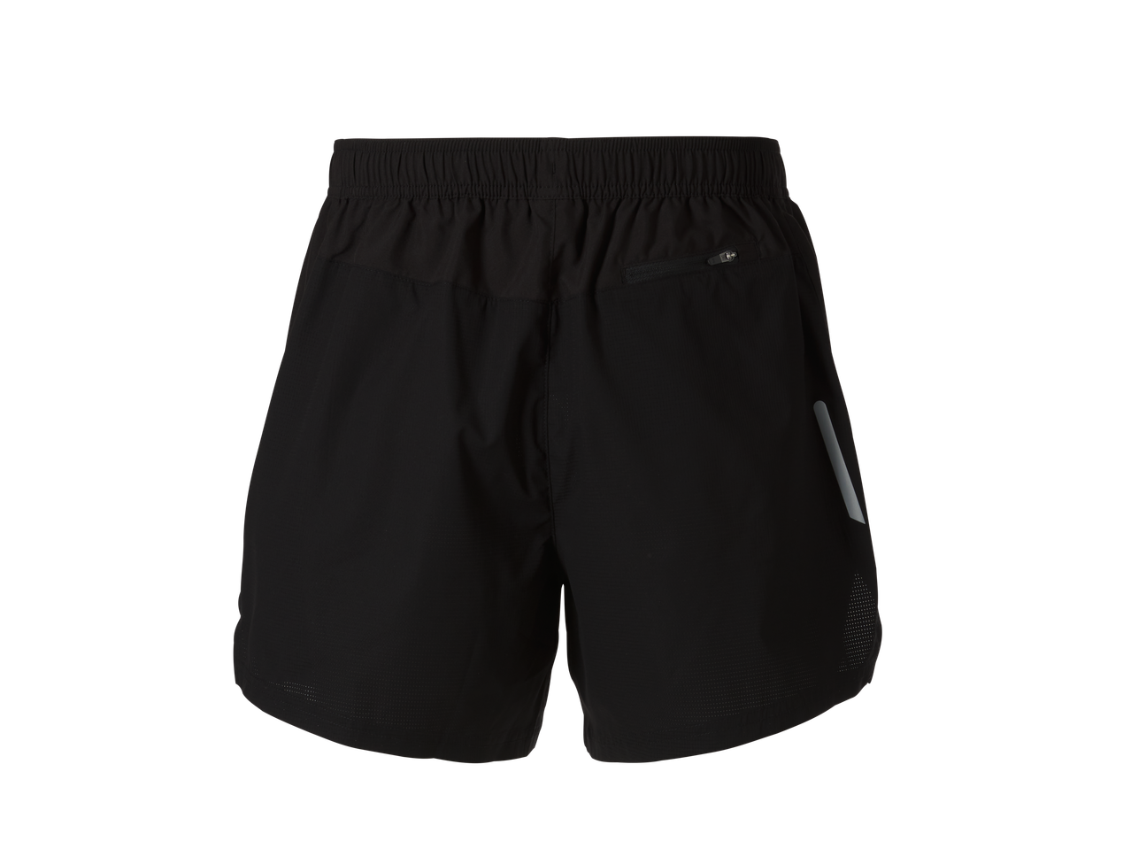 Calções funcionais CRIVIT pretos com cintura elástica e detalhes refletores, vista traseira.