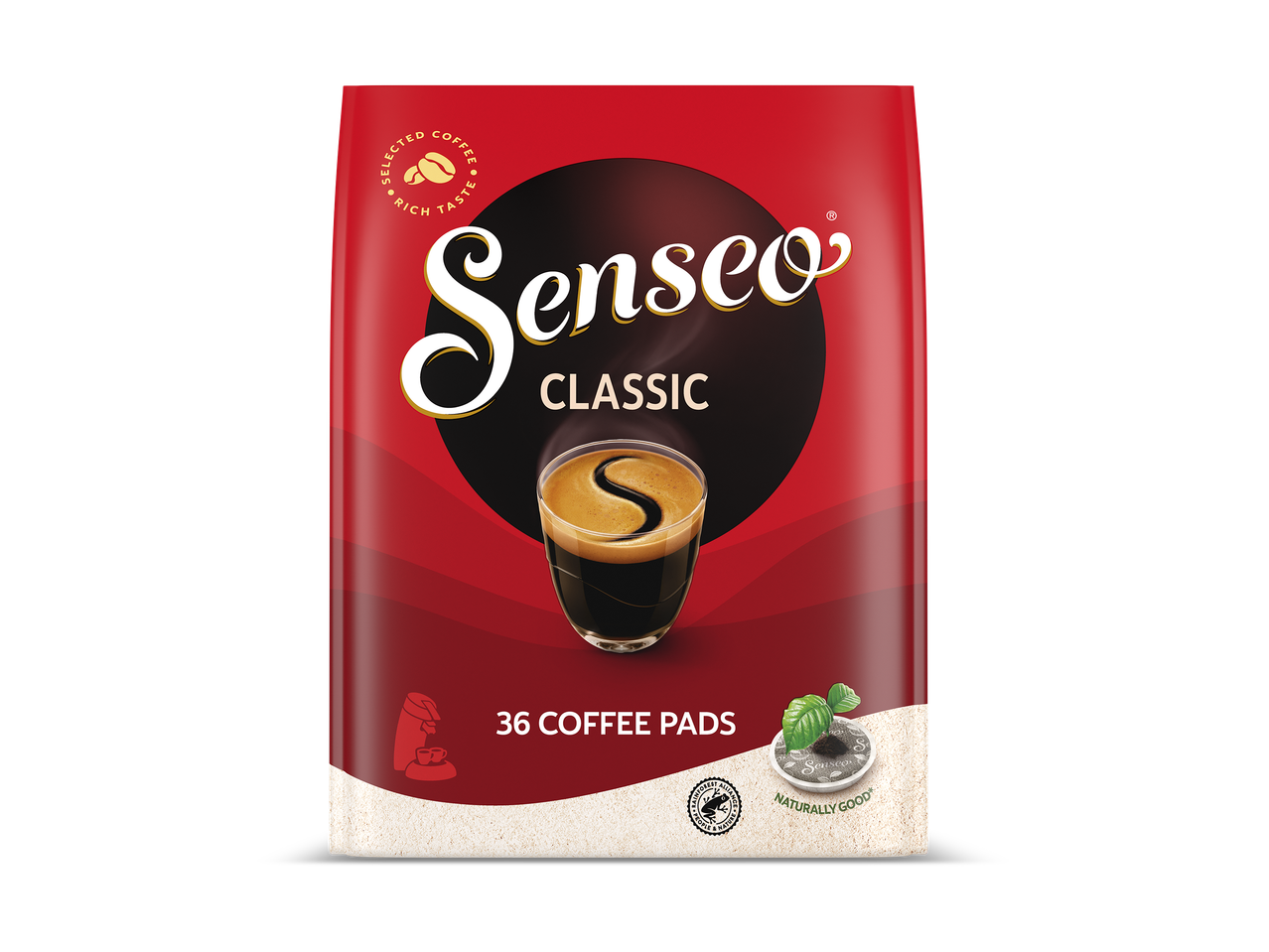 Rood pakje koffiepads met een kopje koffie en de tekst 'Classic', 36 koffiepads.