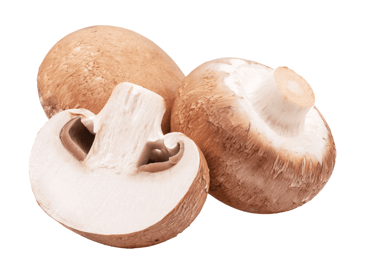 Braune Champignons, einer davon halbiert, auf schwarzem Hintergrund.