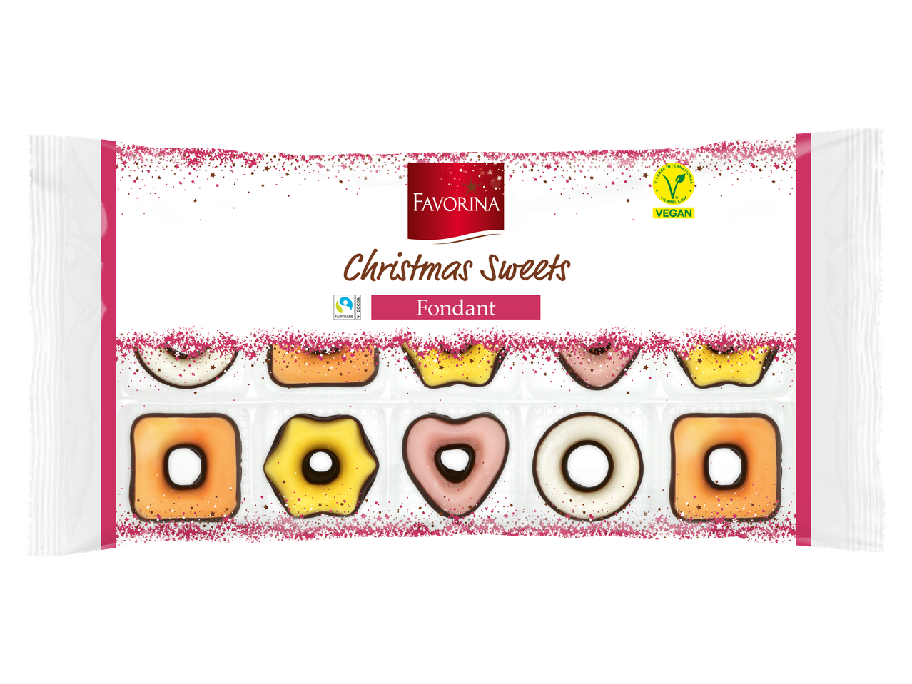 Favorina Ziemassvētku saldumi Fondant, krāsainas svētku formas ar drumstalām, vegāns.