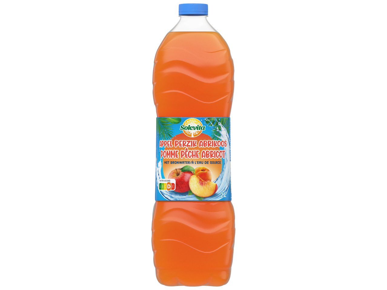 Bouteille de boisson à l'abricot, à la pêche et à la pomme avec un Nutri-Score D.
