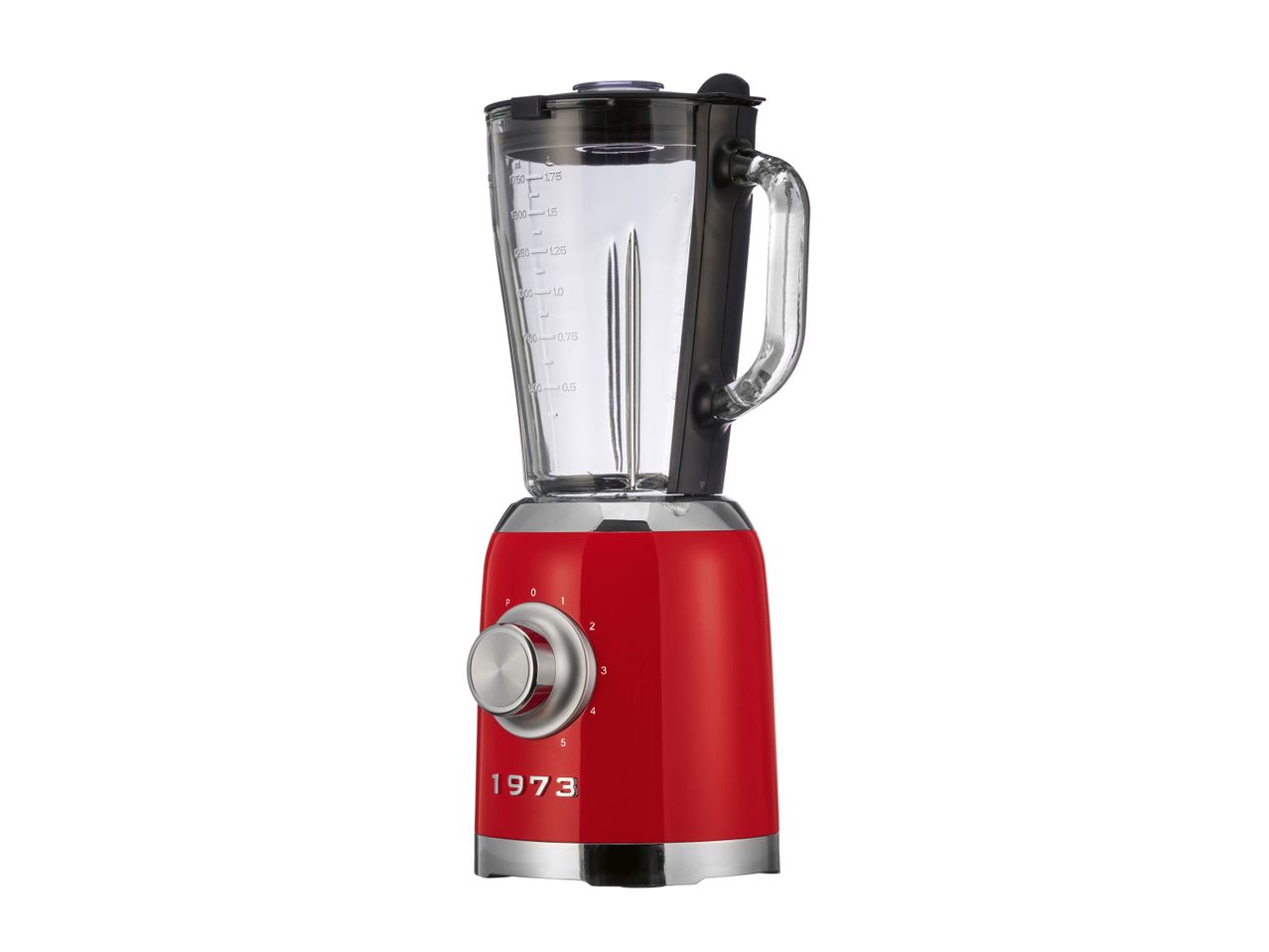 Frullatore rosso con caraffa in vetro e manopola di controllo, con l'anno '1973' stampato sulla base.