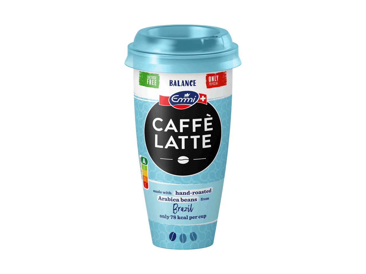 Laktosefreier Caffè Latte Becher mit 78 kcal, hergestellt aus Arabica-Bohnen aus Brasilien.
