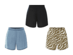 Drei Shorts in Schwarz, Hellblau und Zebramuster.