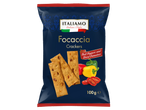 Crackers Focaccia ITALIAMO aux poivrons et tomates séchées dans un emballage bleu foncé.