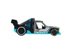 Camion Hot Wheels bleu et noir, style course.