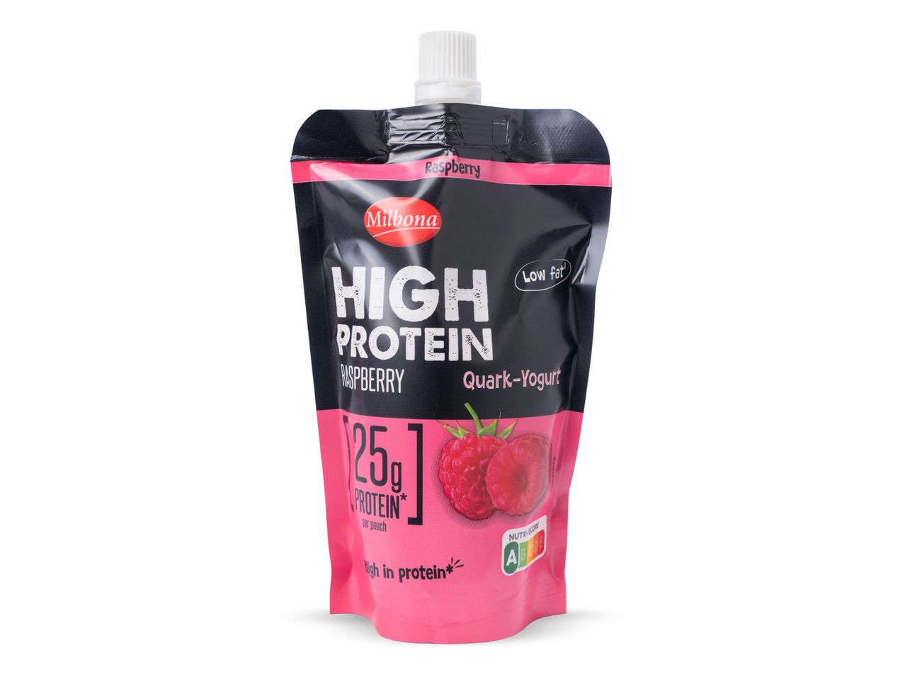 Milbona High Protein Raspberry Quark-Yoghurt knijpzakje, laag in vet, 25g proteïne.