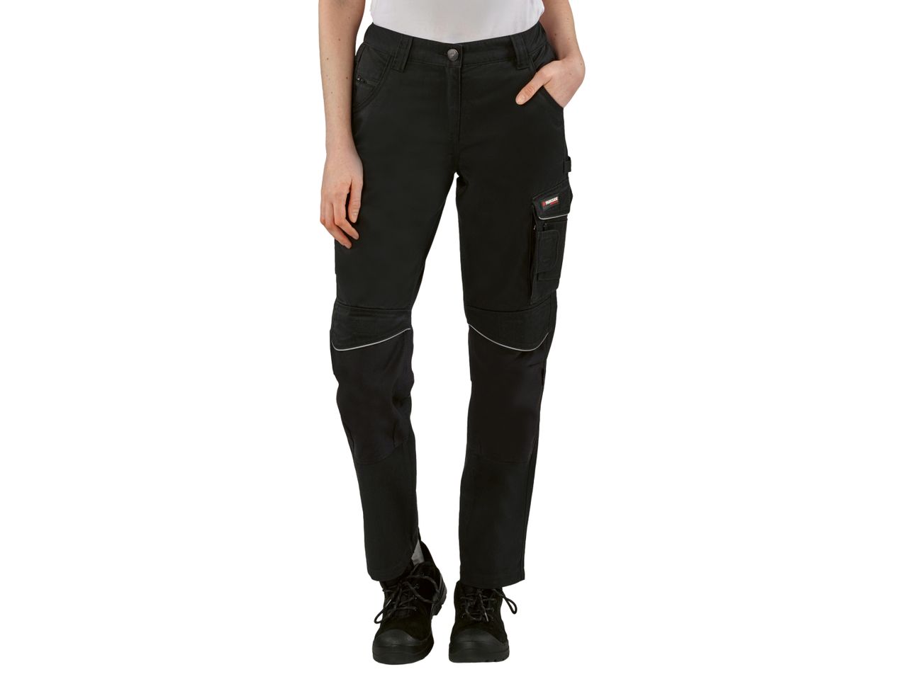 Person wearing black work trousers with knee pads and side pockets.