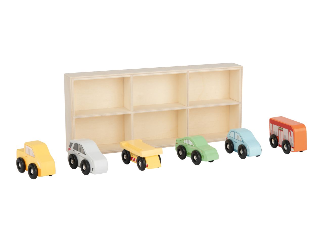 Wooden toy cars and a bus in various colors, with a wooden storage shelf.