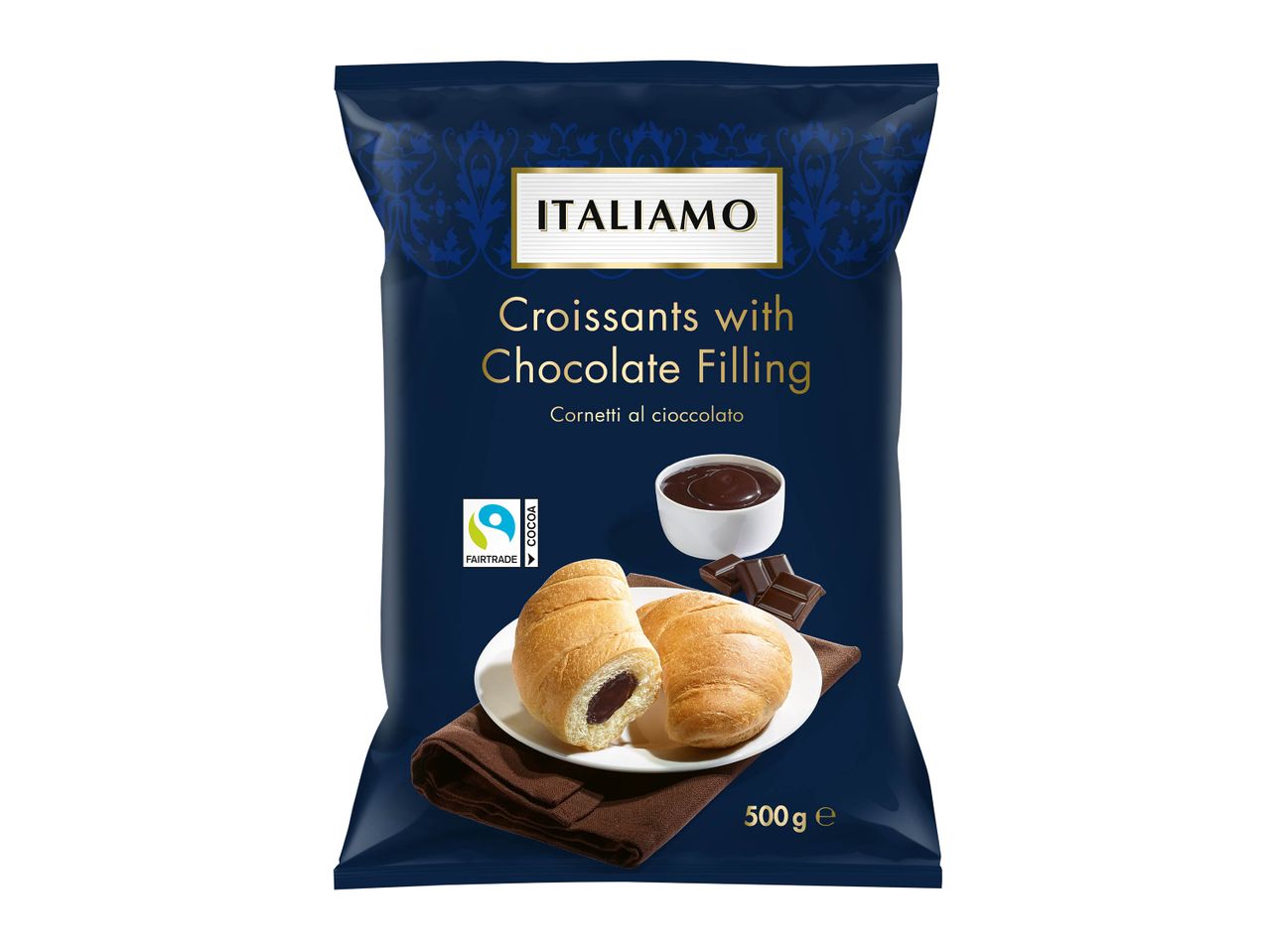 Sac de 500g de croissants fourrés au chocolat Italimo, certifiés Fairtrade.