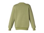 Back view of a plain olive green sweatshirt with ribbed cuffs and hem.