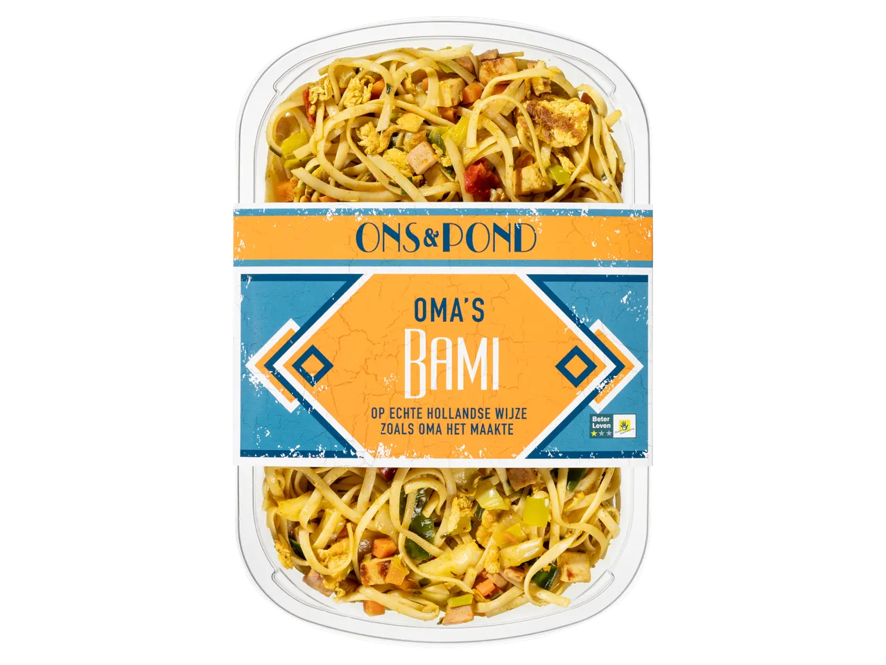Ons&Pond Oma's Bami, een kant-en-klare maaltijd in een plastic bakje.