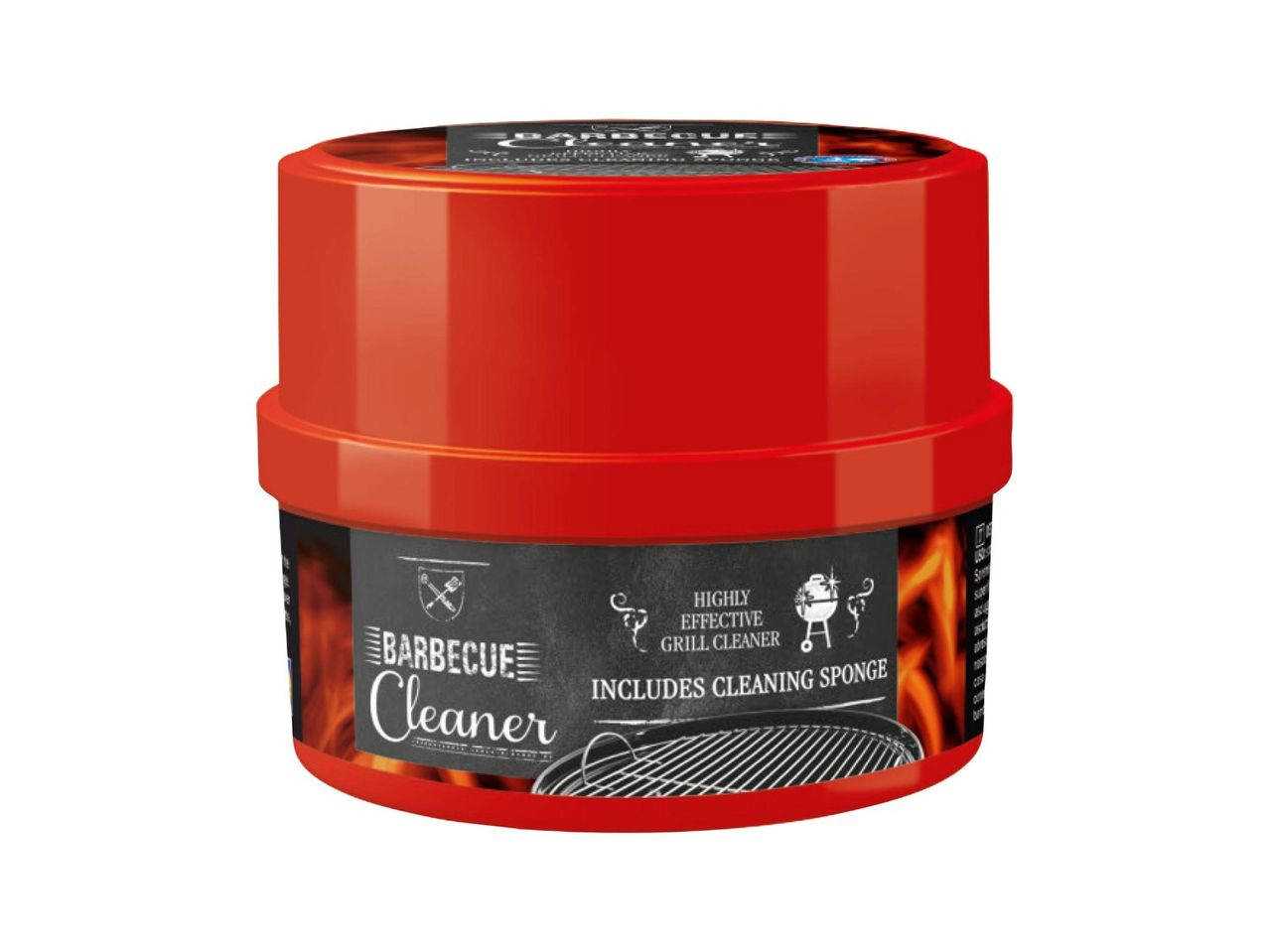 Red container of barbecue cleaner, sponge included.