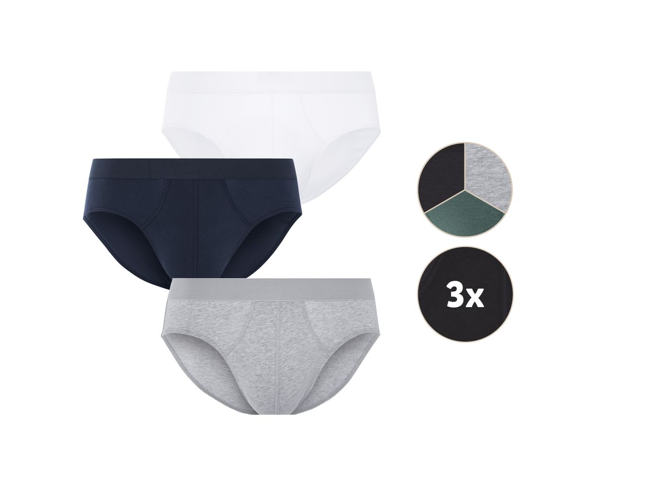 Tre paia di slip da uomo in bianco, blu scuro e grigio, con campioni di colore e etichetta '3x'.