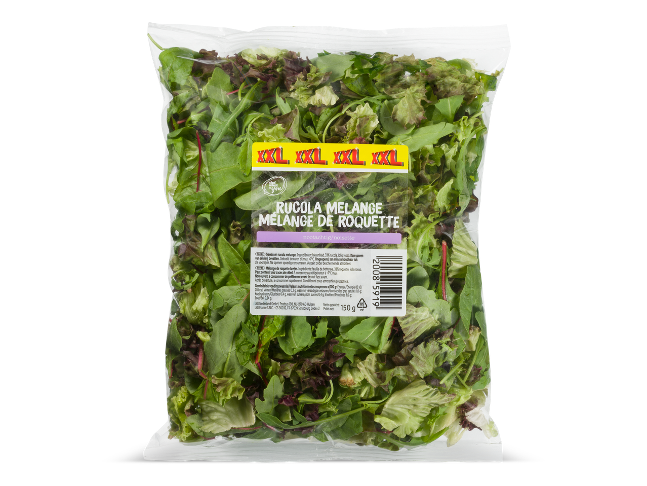 Een zak gemengde rucola en andere slasoorten, met een XXL-label en voedingsinformatie.