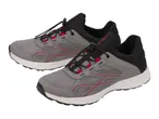 Pair of grey and black athletic shoes with red accents and bungee laces