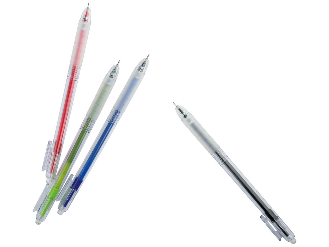 Stylos à bille de couleurs variées, disposés sur fond blanc.