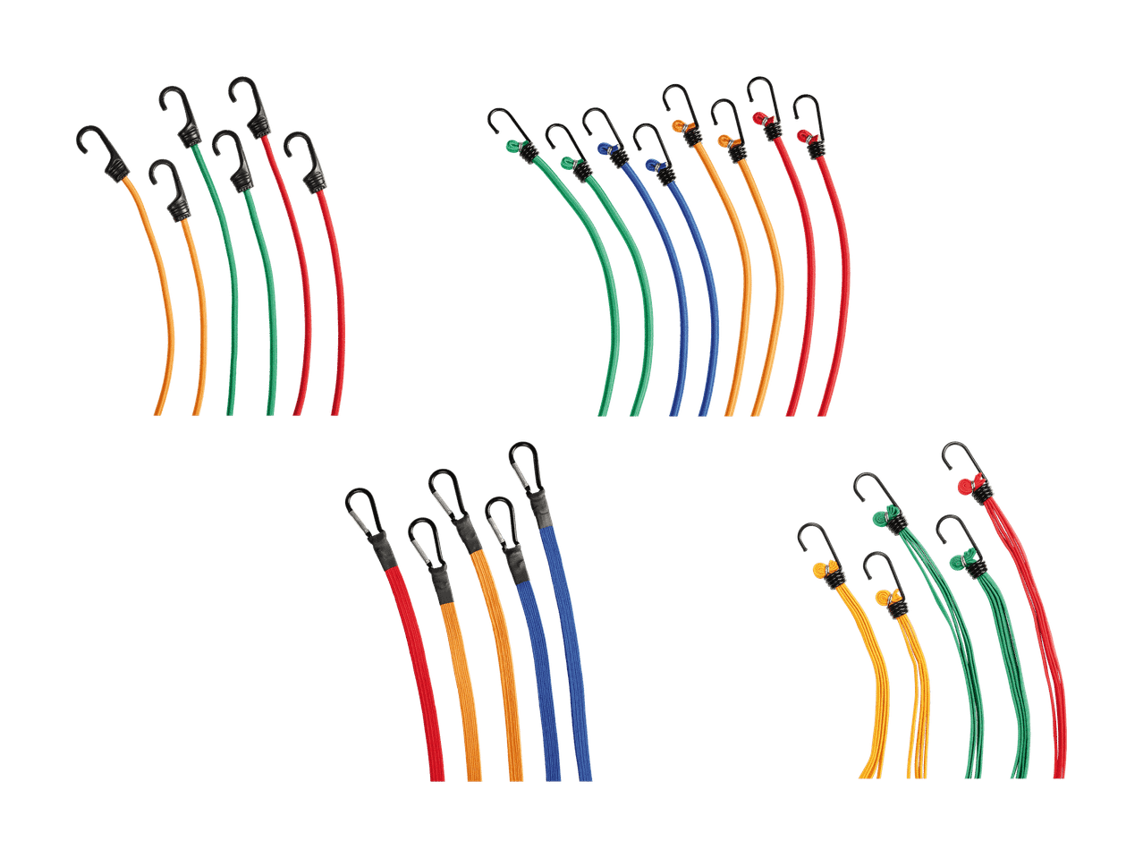 Ein Sortiment an Spanngurten und Gummiseilen in verschiedenen Farben.