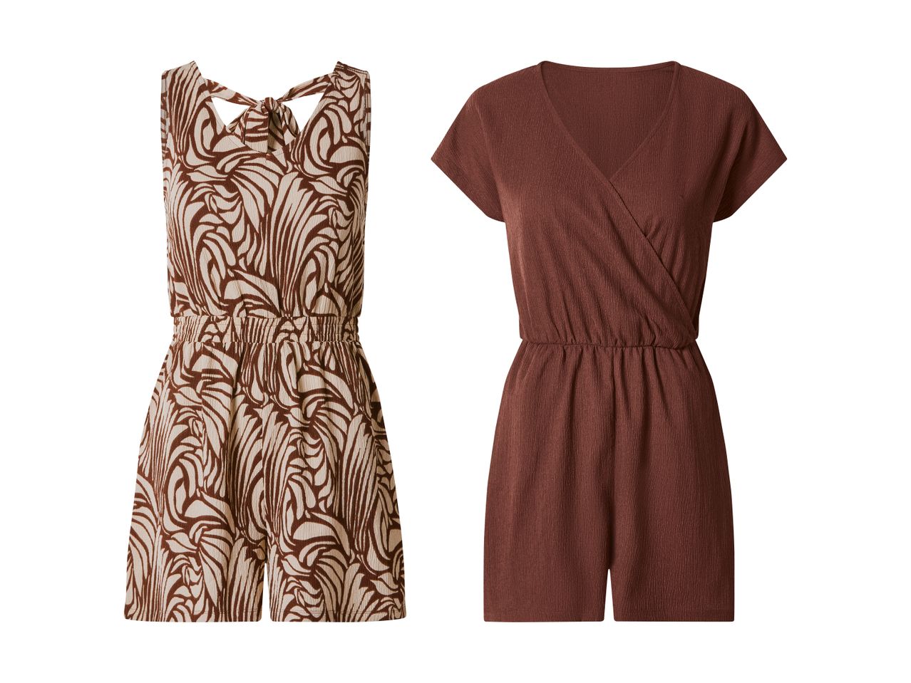 To rompers: en med brunt og beige mønster, en ensfarvet brun.