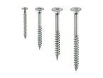 Four silver-colored wood screws of varying lengths, arranged from shortest to longest.