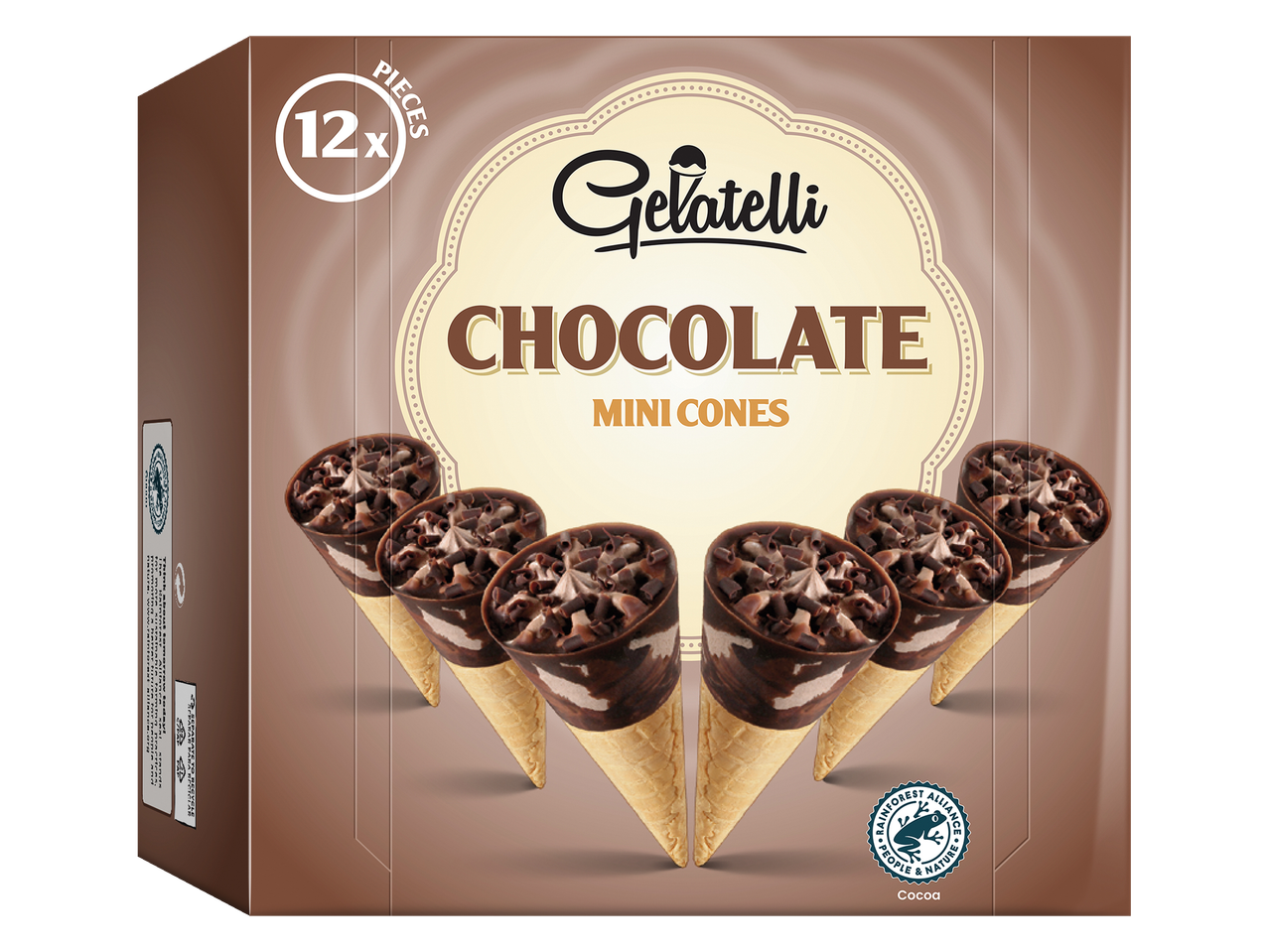 Gelatelli Mini Cones de Chocolate: 12 cones de sorvete embalados individualmente em uma caixa.