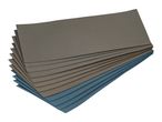 A fan-shaped stack of grey and blue sandpaper sheets