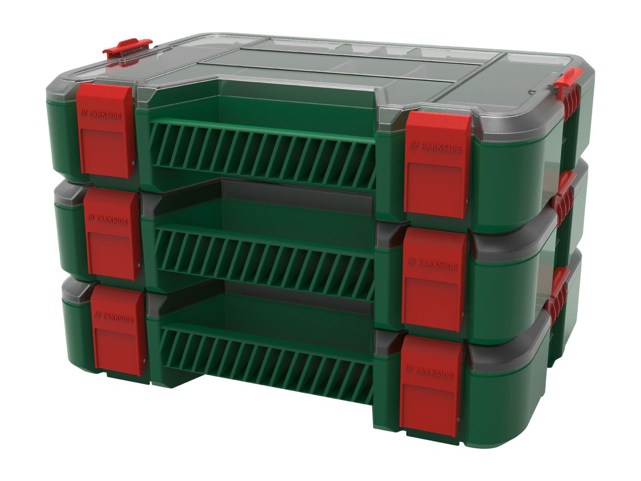 Stackable green and red organizer boxes with clear lids, ideal for tools or small parts.