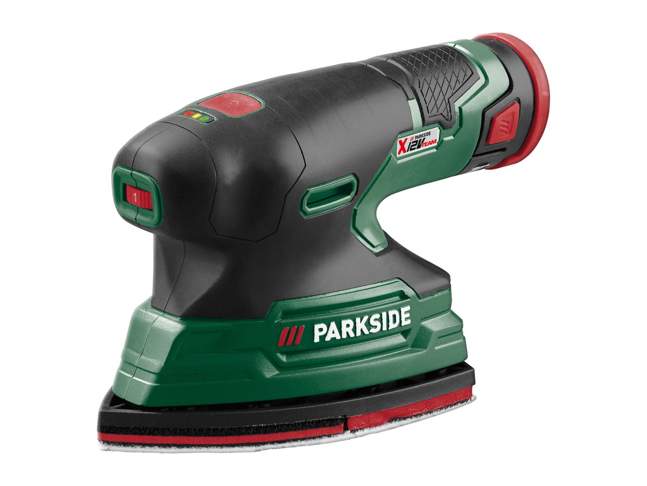 A cordless orbital sander in black and green with red accents.