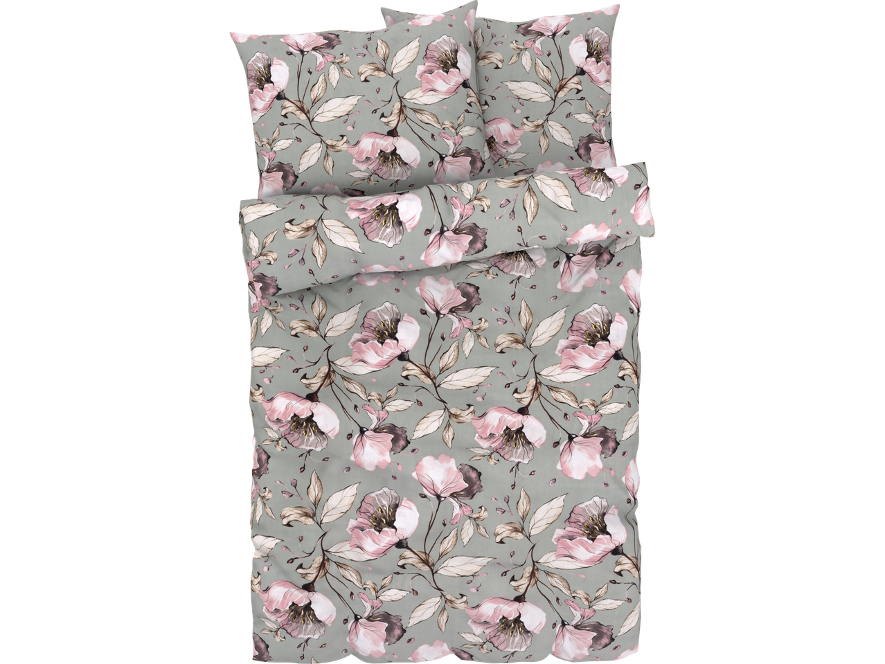 Σετ κλινοσκεπασμάτων με floral print: παπλωματοθήκη και μαξιλαροθήκες σε παστέλ ροζ και γκρι-πράσινο.