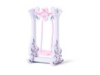 White wooden dollhouse swing with pink seat and floral decorations.