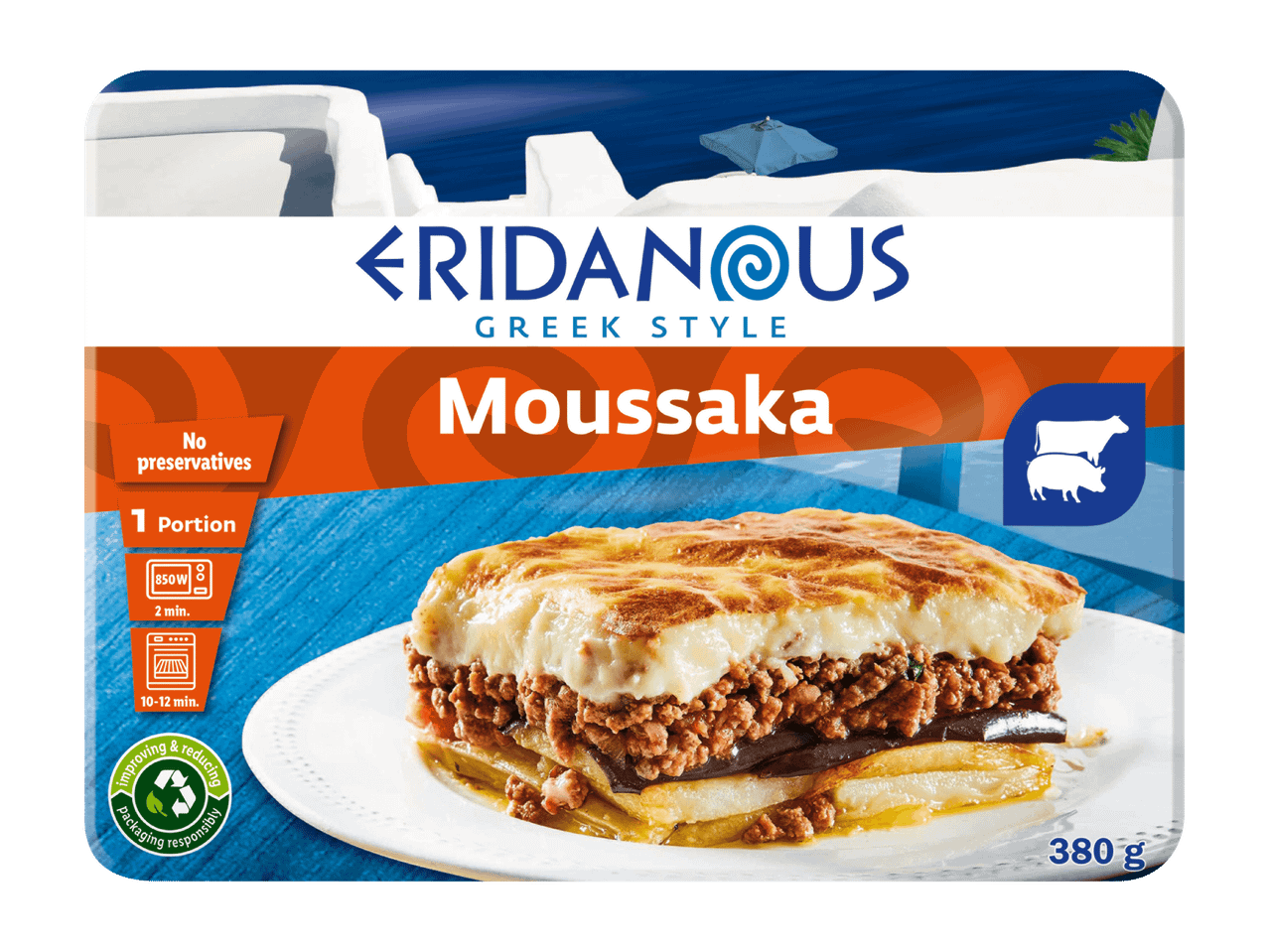 Kreikkalaistyylinen moussaka-ateria, jossa on lihaa ja perunoita, 380 g.