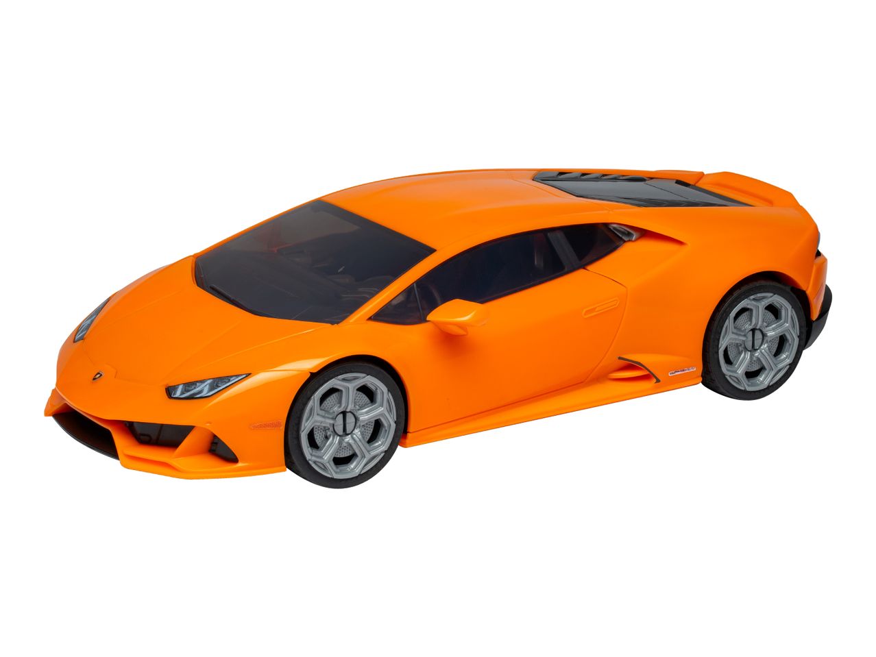 Orange toy sports car with black windows and grey wheels, angled view.